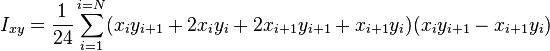 I_{xy} = \frac{1}{24}\sum_{i=1}^{i=N} ( x_i y_{i+1} + 2 x_i y_i + 2 x_{i+1} y_{i+1} + x_{i+1} y_{i}) ( x_i y_{i+1} - x_{i+1} y_i )