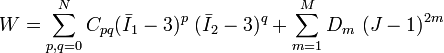 
   W = \sum_{p,q = 0}^N C_{pq} (\bar{I}_1 - 3)^p~(\bar{I}_2 - 3)^q +
       \sum_{m = 1}^M D_m~(J-1)^{2m}
 