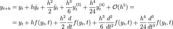 \begin{align}
 y_{t+h} &= y_t + h \dot y_t + \frac{h^2}{2} \ddot y_t + \frac{h^3}{6} y^{(3)}_t + \frac{h^4}{24} y^{(4)}_t + \mathcal{O}(h^5) = \\
&= y_t + h f(y_t, t) + \frac{h^2}{2} \frac{d}{dt}f(y_t, t) + \frac{h^3}{6} \frac{d^2}{dt^2}f(y_t, t) + \frac{h^4}{24} \frac{d^3}{dt^3}f(y_t, t)
\end{align}