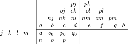 \begin{array}{cc} \begin{array}{rrrr} \\ \\ \\ j &k & l & m \\ \end{array} & \begin{array}{|rrrr|rrrr} & & & pj & pk & & & \\ & & oj & ok & ol & pl & & \\ & nj & nk & nl & nm & om & pm & \\ a & b & c & d & e & f & g & h \\ \hline a & o_0 & p_0 & q_0 & & & & \\ n & o & p & & & & & \\ \end{array} \end{array}