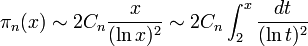 \pi_n(x) \sim 2 C_n \frac{x}{(\ln x)^2} \sim 2 C_n \int_2^x {dt \over (\ln t)^2}