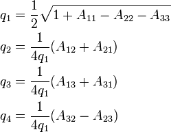 
\begin{align} 
 q_1 &= \frac{1}{2}\sqrt{1 + A_{11} - A_{22} - A_{33}}\\
 q_2 &= \frac{1}{4q_1}(A_{12} + A_{21})\\
 q_3 &= \frac{1}{4q_1}(A_{13} + A_{31})\\
 q_4 &= \frac{1}{4q_1}(A_{32} - A_{23})
\end{align}
