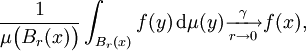 \frac1{\mu \big( B_{r} (x) \big)} \int_{B_{r} (x)} f(y) \, \mathrm{d} \mu(y) \xrightarrow[r \to 0]{\gamma} f(x),