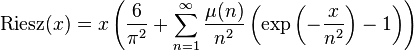 {\rm Riesz}(x) = x \left(\frac{6}{\pi^2} + \sum_{n=1}^\infty \frac{\mu(n)}{n^2}\left(\exp\left(-\frac{x}{n^2}\right) - 1\right)\right)