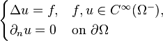 \begin{cases}
\Delta u =f, & f, u \in C^{\infty}(\Omega^-),\\
\partial_n u =0 & \text{on } \partial \Omega
\end{cases}
