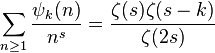 \sum_{n\ge 1}\frac{\psi_k(n)}{n^s} = \frac{\zeta(s)\zeta(s-k)}{\zeta(2s)}