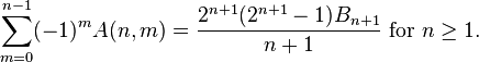 \sum_{m=0}^{n-1}(-1)^{m}A(n,m)=\frac{2^{n+1}(2^{n+1}-1)B_{n+1}}{n+1} \text{ for }n \ge 1.