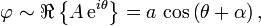 
  \varphi \sim \Re\left\{ A\, \text{e}^{i\theta} \right\} = a\, \cos \left( \theta + \alpha \right), 
