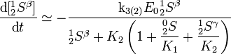 \frac{\text{d}[{^1_2}S^\beta]}{\text{d}t} \simeq - \frac{ \text{k}_{3(2)} E_0 {^1_2}S^\beta  }{ ^1_2S^\beta + K_2  \left( 1+  \dfrac{ {^0_2}S  }{  K_1}  +  \dfrac{ {^1_2}S^\gamma  }{ K_2}  \right) }