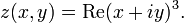  z(x,y) = \operatorname{Re} (x+iy)^3.