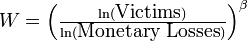 W=\left( \tfrac{\ln(\hbox{Victims})}{\ln(\hbox{Monetary Losses})} \right)^\beta