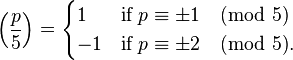 \left(\frac{p}{5}\right) = \begin{cases} 1 &\textrm{if}\;p \equiv \pm1 \pmod 5\\ -1 &\textrm{if}\;p \equiv \pm2 \pmod 5. \end{cases}