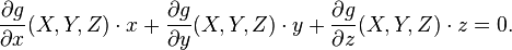 \frac{\partial g}{\partial x}(X,Y,Z) \cdot x+\frac{\partial g}{\partial y}(X,Y,Z) \cdot y+\frac{\partial g}{\partial z}(X,Y,Z) \cdot z=0.