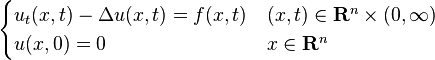 
\begin{cases}
u_t(x,t) -\Delta u(x,t) = f(x,t) &(x,t)\in \mathbf{R}^n\times (0,\infty)\\
u(x,0) = 0 & x\in \mathbf{R}^n
\end{cases}
