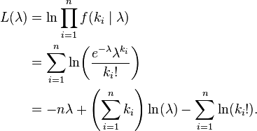  \begin{align} L(\lambda) & = \ln \prod_{i=1}^n f(k_i \mid \lambda) \\ & = \sum_{i=1}^n \ln\!\left(\frac{e^{-\lambda}\lambda^{k_i}}{k_i!}\right) \\ & = -n\lambda + \left(\sum_{i=1}^n k_i\right) \ln(\lambda) - \sum_{i=1}^n \ln(k_i!). \end{align} 