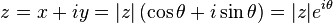 
z = x + iy = |z|\left(\cos\theta + i\sin\theta\right) = |z|e^{i\theta}\,
