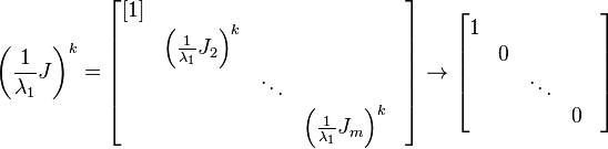 
\left( \frac{1}{\lambda_{1}} J \right)^{k} = 
\begin{bmatrix}
[1] & & & & \\
& \left( \frac{1}{\lambda_{1}} J_{2} \right)^{k}& & & \\
& & \ddots & \\
& & & \left( \frac{1}{\lambda_{1}} J_{m} \right)^{k} \\
\end{bmatrix}
\rightarrow
\begin{bmatrix}
1 & & & & \\
& 0 & & & \\
& & \ddots & \\
& & & 0 \\
\end{bmatrix}
