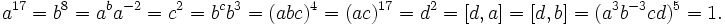 a^{17} = b^8 = a^ba^{-2} = c^2 = b^cb^3 = (abc)^4 = (ac)^{17} = d^2 = [d, a] = [d, b] = (a^3b^{-3}cd)^5 = 1.