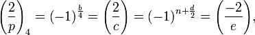 \Bigg(\frac{2}{p}\Bigg)_4 =\left(-1\right)^\frac{b}{4} =\Bigg(\frac{2}{c}\Bigg) =\left(-1\right)^{n+\frac{d}{2}} =\Bigg(\frac{-2}{e}\Bigg), 