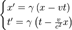 \begin{cases}
x' = \gamma \left( x - vt \right) \\
t' = \gamma \left( t - \frac{v}{c^2} x \right) \,
\end{cases}