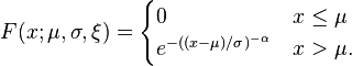  F(x;\mu,\sigma,\xi)=\begin{cases} 0 & x\leq \mu \\ e^{-((x-\mu)/\sigma)^{-\alpha}} & x>\mu. \end{cases}