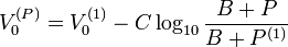  V_0^{(P)} = V_0^{(1)} - C \log_{10} \frac{B+P}{B+P^{(1)}}