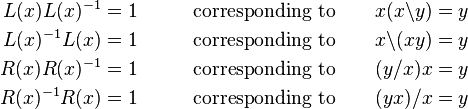 \begin{align}
  L(x)L(x)^{-1} &= 1\qquad&\text{corresponding to}\qquad x(x\backslash y) &= y \\
  L(x)^{-1}L(x) &= 1\qquad&\text{corresponding to}\qquad x\backslash(xy) &= y \\
  R(x)R(x)^{-1} &= 1\qquad&\text{corresponding to}\qquad (y/x)x &= y \\
  R(x)^{-1}R(x) &= 1\qquad&\text{corresponding to}\qquad (yx)/x &= y
\end{align}