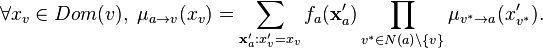 \forall x_v\in Dom(v),\; \mu_{a \to v} (x_v) = \sum_{\mathbf{x}'_a:x'_v = x_v } f_a (\mathbf{x}'_a) \prod_{v^* \in N(a) \setminus \{v\}} \mu_{v^* \to a} (x'_{v^*}).