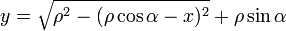 y = \sqrt{\rho^2-(\rho\cos\alpha-x)^2}+\rho\sin\alpha