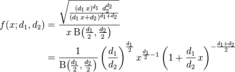  
\begin{align}
f(x; d_1,d_2) &= \frac{\sqrt{\frac{(d_1\,x)^{d_1}\,\,d_2^{d_2}} {(d_1\,x+d_2)^{d_1+d_2}}}} {x\,\mathrm{B}\!\left(\frac{d_1}{2},\frac{d_2}{2}\right)} \\
&=\frac{1}{\mathrm{B}\!\left(\frac{d_1}{2},\frac{d_2}{2}\right)} \left(\frac{d_1}{d_2}\right)^{\frac{d_1}{2}} x^{\frac{d_1}{2} - 1} \left(1+\frac{d_1}{d_2}\,x\right)^{-\frac{d_1+d_2}{2}}
\end{align}
