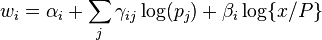  w_{i}=\alpha_{i}+\sum_{j}\gamma_{ij}\log(p_{j})+\beta_{i}\log\{x/P\}