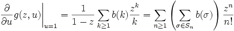  \frac{\partial}{\partial u} g(z, u) \Bigg|_{u=1} = 
\frac{1}{1-z} \sum_{k\ge 1} b(k) \frac{z^k}{k} =
\sum_{n\ge 1} \left( \sum_{\sigma\in S_n} b(\sigma) \right) \frac{z^n}{n!}