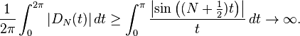 \frac{1}{2 \pi} \int_0 ^{2 \pi} | D_N(t) | \, dt \ge \int_0^\pi \frac{\left |\sin\left ( (N+\tfrac{1}{2})t \right )\right|} t \, dt \to \infty.