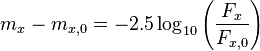 m_{x} - m_{x,0}= -2.5 \log_{10} \left(\frac {F_x}{F_{x,0} }\right)\,