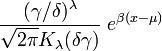 \frac{(\gamma/\delta)^\lambda}{\sqrt{2\pi}K_\lambda(\delta \gamma)} \; e^{\beta (x - \mu)} \!