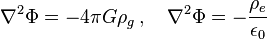 {\nabla}^2 \Phi = - 4\pi G \rho_g \,, \quad {\nabla}^2 \Phi = - {\rho_e \over \epsilon_0}