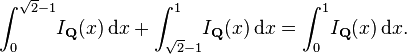 \int_0^{\sqrt{2}-1}\! I_\mathbf{Q}(x) \,\mathrm{d}x + \int_{\sqrt{2}-1}^1\! I_\mathbf{Q}(x) \,\mathrm{d}x = \int_0^1\! I_\mathbf{Q}(x) \,\mathrm{d}x.