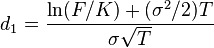  d_1 = \frac{\ln(F/K) + (\sigma^2/2)T}{\sigma\sqrt{T}} 