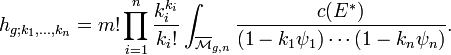 h_{g;k_1, \dots, k_n} = m! \prod_{i=1}^n \frac{k_i^{k_i}}{k_i!} \int_{\overline{\mathcal{M}}_{g,n}} \frac{c(E^*)}{(1-k_1\psi_1) \cdots (1-k_n \psi_n)}.