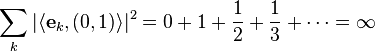 \sum_k | \langle \mathbf{e}_k , (0,1)\rangle|^2 = 0 + 1 + \frac{1}{2} + \frac{1}{3} +\cdots = \infty