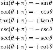 
\begin{align}
\sin(\theta + \pi) &= -\sin \theta \\
\cos(\theta + \pi) &= -\cos \theta \\
\tan(\theta + \pi) &= +\tan \theta \\
\csc(\theta + \pi) &= -\csc \theta \\
\sec(\theta + \pi) &= -\sec \theta \\
\cot(\theta + \pi) &= +\cot \theta \\
\end{align}
