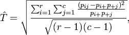 \hat T = \sqrt{ \frac{\sum_{i=1}^r\sum_{j=1}^c\frac{(p_{ij}-p_{i+}p_{+j})^2}{p_{i+}p_{+j}}}{\sqrt{(r-1)(c-1)}} } ,