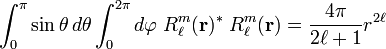 
\int_{0}^{\pi}\sin\theta\, d\theta \int_0^{2\pi} d\varphi\; R^m_{\ell}(\mathbf{r})^*\; R^m_{\ell}(\mathbf{r}) 
=  \frac{4\pi}{2\ell+1} r^{2\ell}
