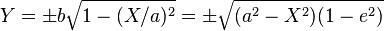  Y = \pm b\sqrt{1 - (X/a)^2} = \pm \sqrt{(a^2-X^2)(1 - e^2)}