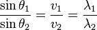 \frac{\sin\theta_1}{\sin\theta_2} = \frac{v_1}{v_2} = \frac{\lambda_1}{\lambda_2}