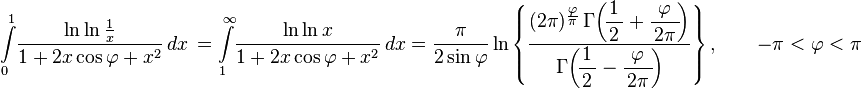 
 \int\limits_0^1 \!\frac{\ln\ln\frac{1}{x}}{1+2x\cos
\varphi+x^2}
\,dx \,=\int\limits_1^{\infty}\!\frac{\ln\ln{x}}{1+2x\cos\varphi+x^2}\,dx
 =
\frac{\pi}{2\sin\varphi}\ln \left\{\frac{(2\pi)^{\frac{\scriptstyle\varphi}{\scriptstyle\pi}}
\,\Gamma\!\left(\!\displaystyle\frac{1}{\,2\,}+\frac{\varphi}{\,2\pi\,}\!\right)}
{\Gamma\!\left(\!\displaystyle\frac{1}{\,2\,}-\frac{\varphi}{\,2\pi\,}\!\right)}\right\}  ,
\qquad -\pi<\varphi<\pi
