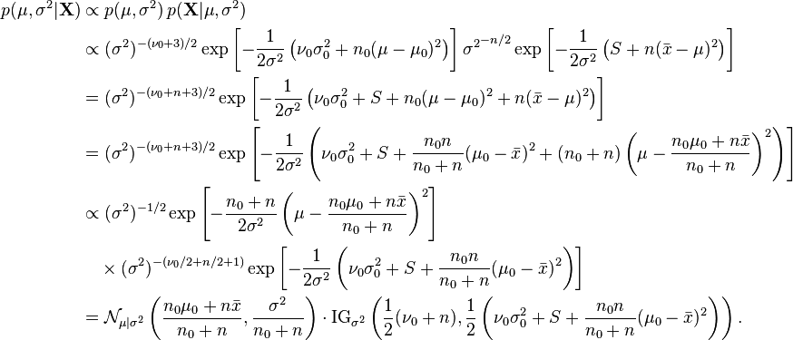 \begin{align}
p(\mu,\sigma^2|\mathbf{X}) & \propto p(\mu,\sigma^2) \, p(\mathbf{X}|\mu,\sigma^2) \\
& \propto (\sigma^2)^{-(\nu_0+3)/2} \exp\left[-\frac{1}{2\sigma^2}\left(\nu_0\sigma_0^2 + n_0(\mu-\mu_0)^2\right)\right] {\sigma^2}^{-n/2} \exp\left[-\frac{1}{2\sigma^2} \left(S + n(\bar{x} -\mu)^2\right)\right] \\
&= (\sigma^2)^{-(\nu_0+n+3)/2} \exp\left[-\frac{1}{2\sigma^2}\left(\nu_0\sigma_0^2 + S + n_0(\mu-\mu_0)^2 + n(\bar{x} -\mu)^2\right)\right] \\
&= (\sigma^2)^{-(\nu_0+n+3)/2} \exp\left[-\frac{1}{2\sigma^2}\left(\nu_0\sigma_0^2 + S + \frac{n_0 n}{n_0+n}(\mu_0-\bar{x})^2 + (n_0+n)\left(\mu-\frac{n_0\mu_0 + n\bar{x}}{n_0 + n}\right)^2\right)\right] \\
& \propto (\sigma^2)^{-1/2} \exp\left[-\frac{n_0+n}{2\sigma^2}\left(\mu-\frac{n_0\mu_0 + n\bar{x}}{n_0 + n}\right)^2\right] \\
& \quad\times (\sigma^2)^{-(\nu_0/2+n/2+1)} \exp\left[-\frac{1}{2\sigma^2}\left(\nu_0\sigma_0^2 + S + \frac{n_0 n}{n_0+n}(\mu_0-\bar{x})^2\right)\right] \\
& = \mathcal{N}_{\mu|\sigma^2}\left(\frac{n_0\mu_0 + n\bar{x}}{n_0 + n}, \frac{\sigma^2}{n_0+n}\right) \cdot {\rm IG}_{\sigma^2}\left(\frac12(\nu_0+n), \frac12\left(\nu_0\sigma_0^2 + S + \frac{n_0 n}{n_0+n}(\mu_0-\bar{x})^2\right)\right).
\end{align}