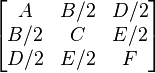 \begin{bmatrix}
A & B/2 & D/2 \\
B/2 & C & E/2 \\
D/2 & E/2 & F
\end{bmatrix} 