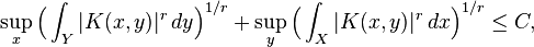 \sup_x\Big(\int_Y|K(x,y)|^r\,dy\Big)^{1/r} + \sup_y\Big(\int_X|K(x,y)|^r\,dx\Big)^{1/r}\le C,