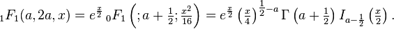 {}_1F_1(a,2a,x)= e^{\frac x 2}\, {}_0F_1 \left(; a+\tfrac{1}{2}; \tfrac{x^2}{16} \right) = e^{\frac{x}{2}} \left(\tfrac{x}{4}\right)^{\tfrac{1}{2}-a}\Gamma\left(a+\tfrac{1}{2}\right)I_{a-\frac{1}{2}}\left(\tfrac{x}{2}\right).